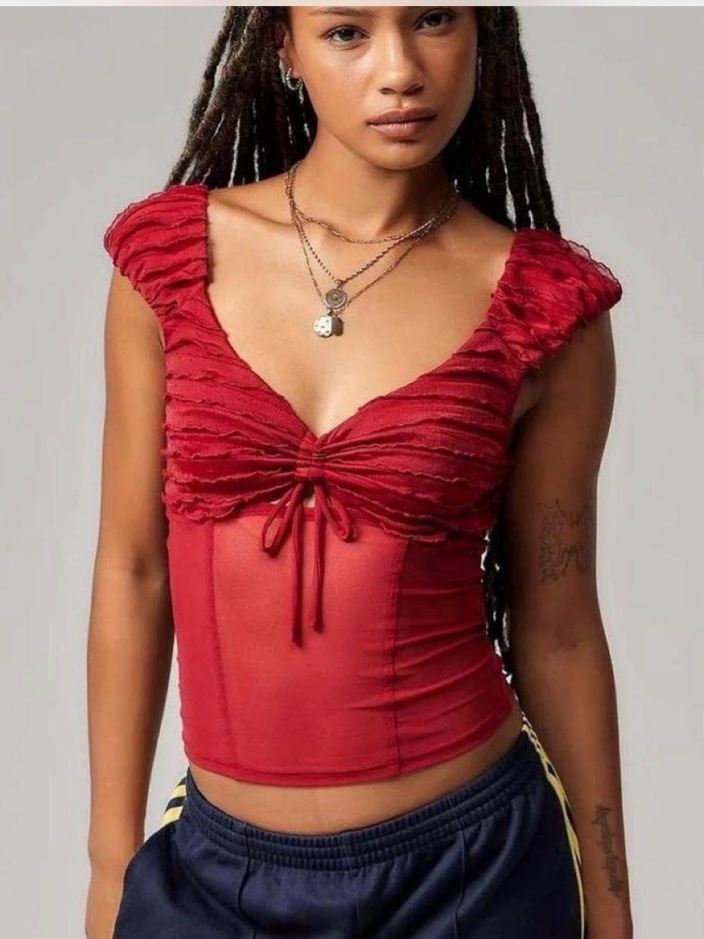 Kimchi Blue Red Ruffle Mesh Top